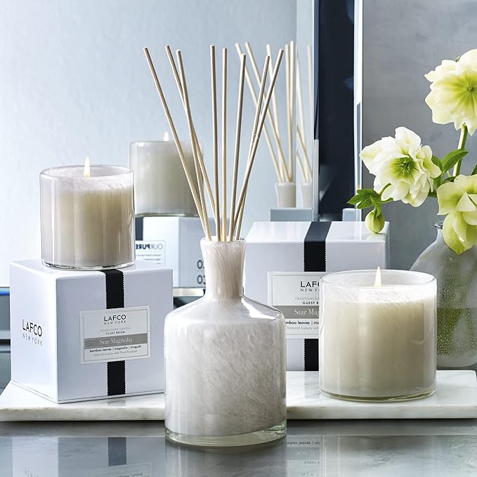 LAFCO New York Signature Reed Diffuser, Star Magnolia - 15 oz - Up to 9 Months Fragrance Life - Reusable, Hand Blown Glass Vessel - Natural Wood Reeds - Made in The USA