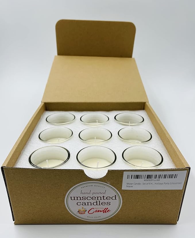 Mister Candle – Set of 9 Unscented Votive Candles in Glass Holders, Hand Poured Soy Wax, 12 Hour Burn Time, White Candles for Weddings, Parties, Spa, Home Décor
