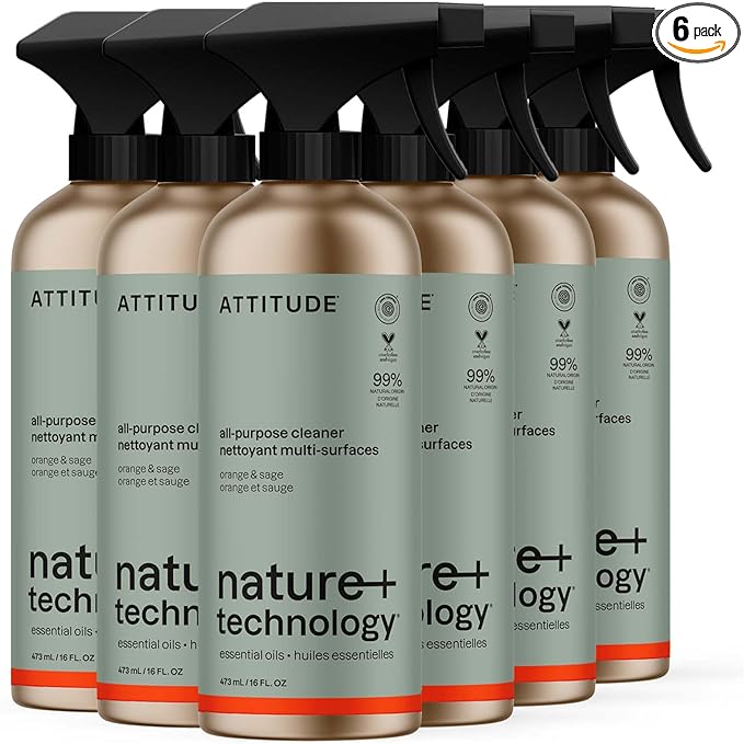ATTITUDE Multi-Purpose Cleaner with Essential Oils, EWG Verified, Plant and Mineral-Based Ingredients, Vegan Household Products, Refillable Aluminum Bottle, Orange and Sage, 16 Fl Oz (Pack of 6)