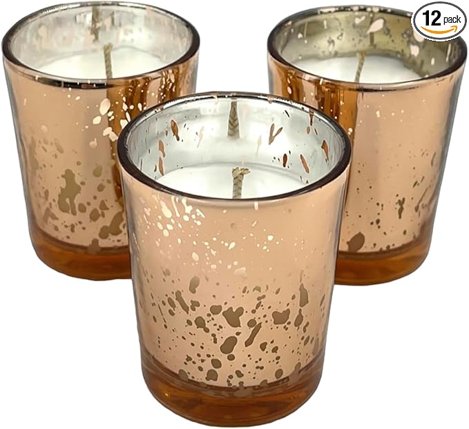 Mister Candle Pine Scented Holiday Votives Candles, Scented in Mini Artisan Rose Mercury Jars, Christmas Candles with Pine Mistletoe Essential Oils Hade Made in USA, 15 Hr Burn Time (Set of 12)