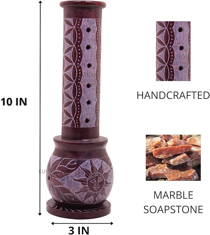 Marble Handmade Soapstone Red Incense Stick Holder | Candle Burner | Tea Light Holder - Round Jaali Carving for Gifting. Decorative Home and Office Decor - (2.5 x 2.5 x 10 Inches)
