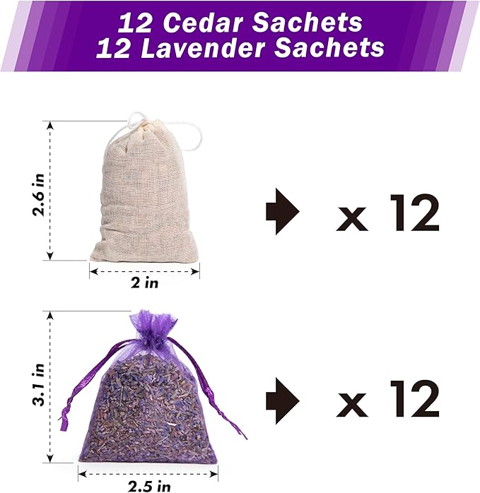 Pack of 24 Cedar Chips and Lavender Sachets (12 Lavender, 12 Cedar) - Home Fragrance Sachet for Drawers and Closets, LV-F-LC-1