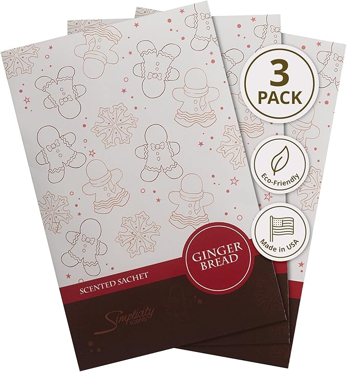 Simplicity Scents Gingerbread Scented Sachets Pack of 3, Fall & Winter - Long-Lasting Scented Bags, Home Fragrance, Air Freshener & Deodorizer for Closet, Room, Drawer, or Cars, Made in USA