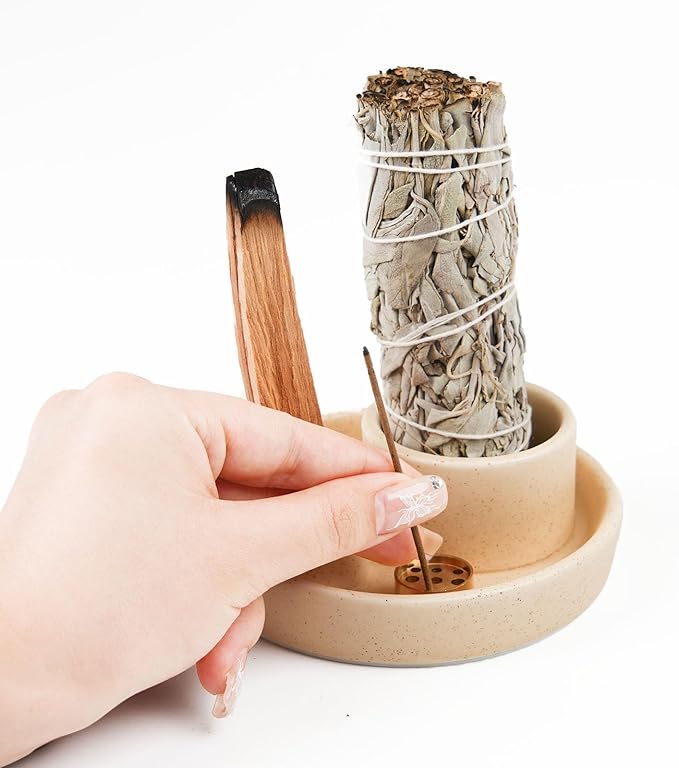 4 in 1 Incense Holder, Ceramic Incense Stick and Palo Santo Holder,Sage Holder for Burning- 5.5" Ceramic Ash Catcher Tray for Meditation and Yoga Room (Sand Gravel)