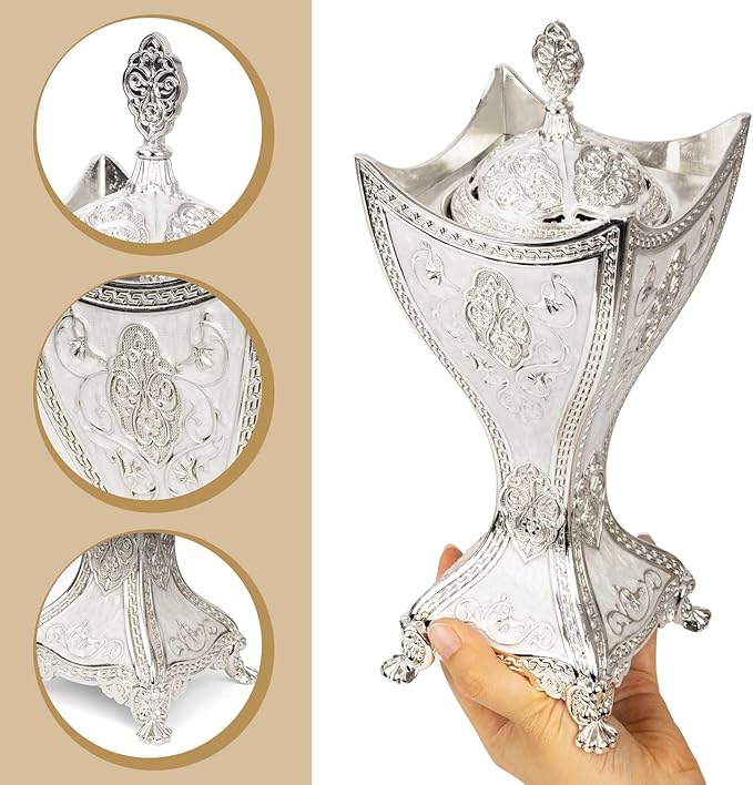 Bakhoor Incense Burner, 11Inches Charcoal Incense Burner - for Yoga, Spa Aromatherapy, Office & Home Decor, Trophy Shape (Silver)