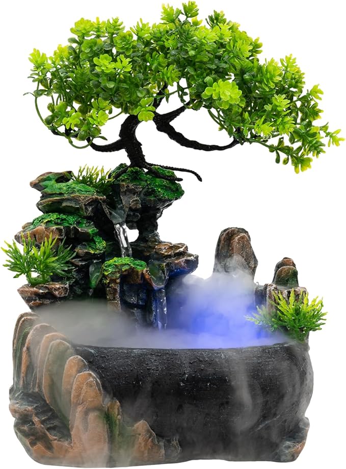 Rockery Stream Tabletop Fountain with Atomizer,Water Pump,LED Light Zen Meditation Indoor Waterfall Feature Indoor Relaxation Desktop Fountain for Home Office Bedroom Decoration (A)