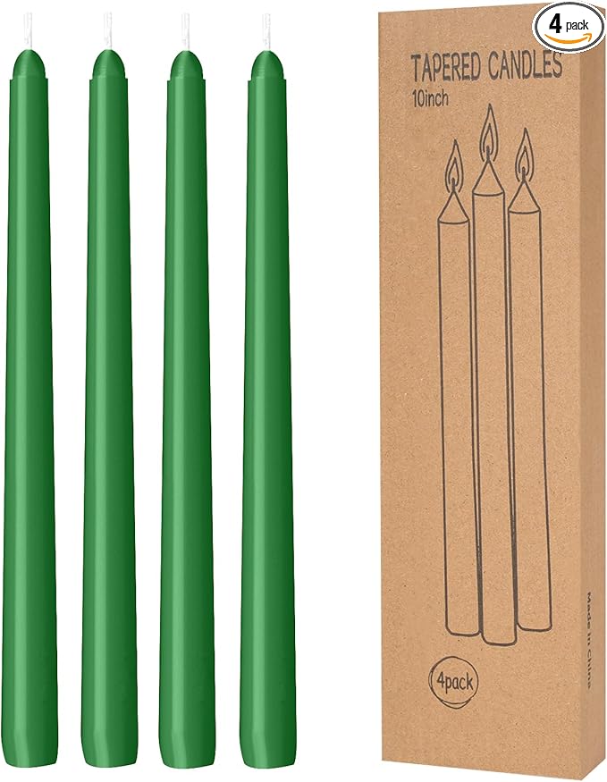 4 Pack Taper Candles - Taper Candles 10 Inch Dripless, Smokeless & Unscented - 8 Hours Long Burning - Hand Poured Tall Candlesticks - Ideal for Weddings, Dinner Parties (Green, 4 Pack Taper Candle)