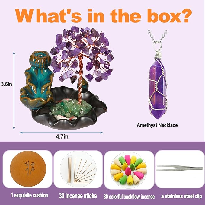 Amethyst Incense Holder Burner, Waterfall Fountain Backflow Cone Burner, Healing Crystal and Stone, Women Gifts for Christma
