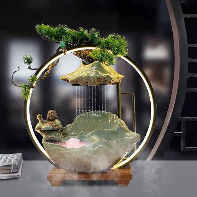 Backflow Incense Holder with Water Fountains and LED Light, Rockery, Maitreya and Plants Perfect for Relaxing or Home Decor (Maitreya witn Rockery)