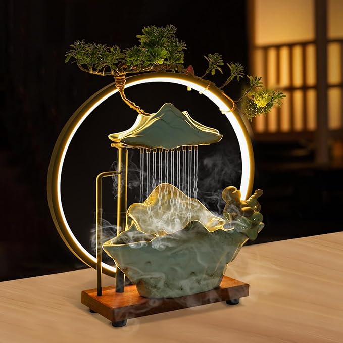 Backflow Incense Holder with Water Fountains and LED Light, Rockery, Maitreya and Plants Perfect for Relaxing or Home Decor (Maitreya)