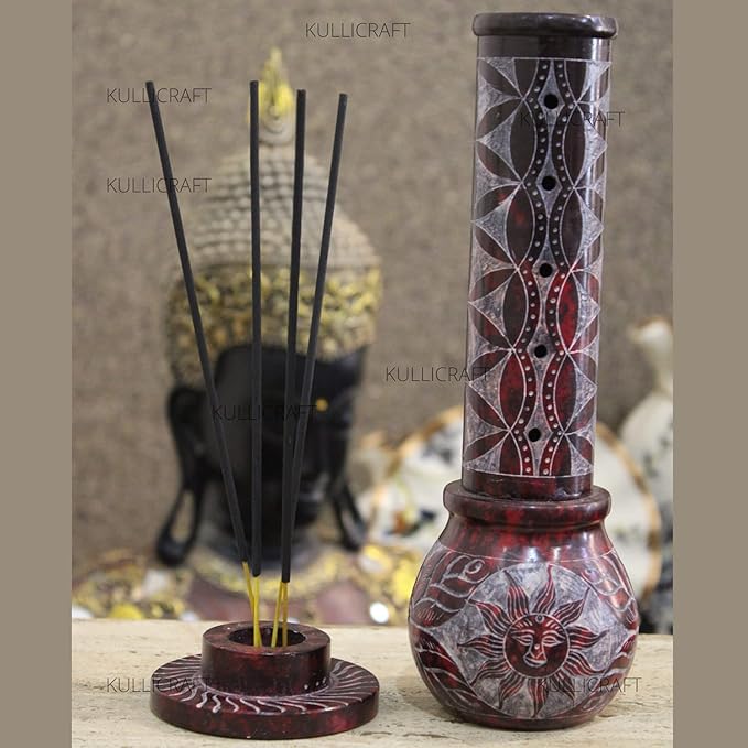 Marble Handmade Soapstone Red Incense Stick Holder | Candle Burner | Tea Light Holder - Round Jaali Carving for Gifting. Decorative Home and Office Decor - (2.5 x 2.5 x 10 Inches)