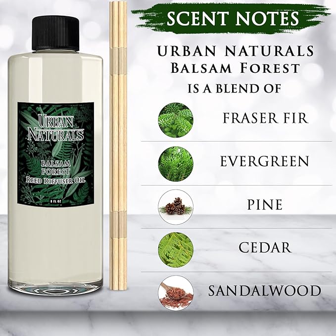 Urban Naturals Reed Diffuser Oil Refill Balsam Forest with Balsam Fir, Pine Needles, Evergreen, Cedar, Sandalwood 8 oz + Free Reed Sticks, Made in The USA