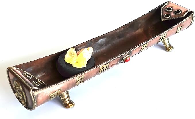 Traditional Handmade Incense Holder for Sticks and Cones | 100% Pure Copper & Brass Incense Burner | Buddhha & Buddhist Text | Stand Holds 6 Sticks & 6 Cones | Effective Ash Catcher