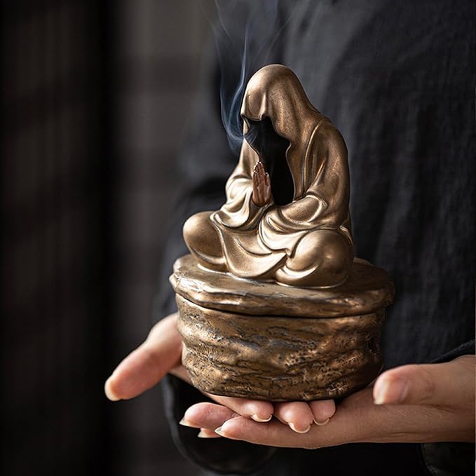 Ceramic Incense Holder for Cone and Coil - Incense Burner Holder Zen Decor with Buddha Statue Design Protection from Evil - 4.72" L X 3.78" W X 6.18" H (Gold)