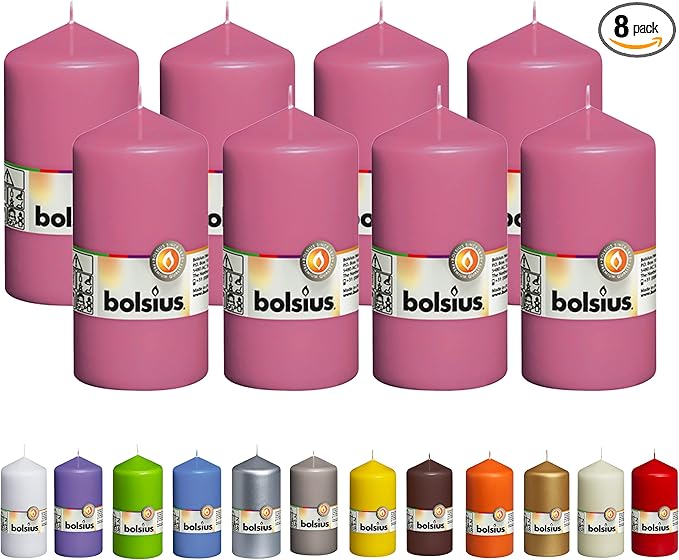 BOLSIUS 8 Pink Pillar Candles - 2.75 x 5 Inches - Premium European Quality - Individually Wrapped - 43 Hours Burn Time - Dripless & Smokeless - Unscented Dinner, Wedding, Party, & Restaurant Candles
