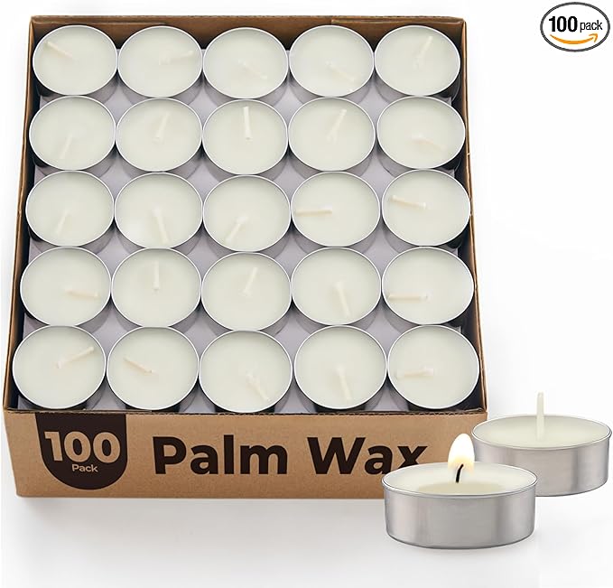 Unscented Palm Tea Lights Candles 100 Pack Bulk, 4.5 Hours Long Burning White Tea Lights,Non-Paraffin, Smokeless, Mini Tealight Votive Candles for Wedding, Christmas Lights, Party, Christmas