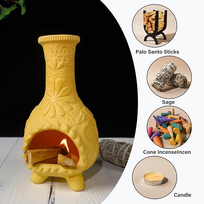 Yellow Floral Reliefs Palo Santo Burner Holder-Mexican Mini Chiminea Inspired,Chimney for Smudging Sage/Incense Cones/Sticks for Altar/Zen Rituals, Handmade Decor for Witchcraft Supplies