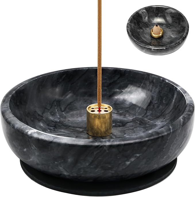 Natural Marble Incense Burner, Stick and Reflux Incense Holder, Handmade Stick Incense Burner, Ideal for Incense Smoking, Incense Burning and Decoration (Extra Large 5.91inBlack)