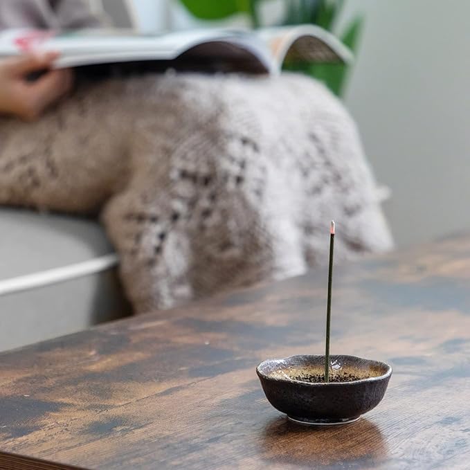 Asayu Japan Small Mini Incense Holder for Sticks 3.3 inch (83mm), Made in Japan Ceramic Ash Catcher & Brass Incense Burner Set for Relaxation, Yoga - Small Mini Traditional Japan Incense Holder