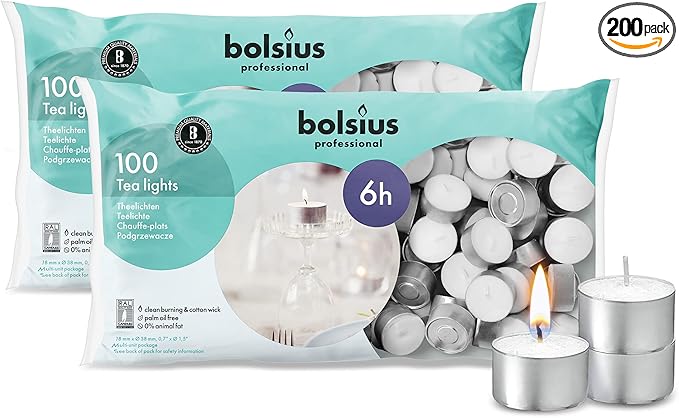 BOLSIUS Tea Lights Candles - Pack of 200 White Unscented Candle Lights with 6 Hour Burning Time - Tea Candles for Wedding, Home, Parties, and Special Occasions