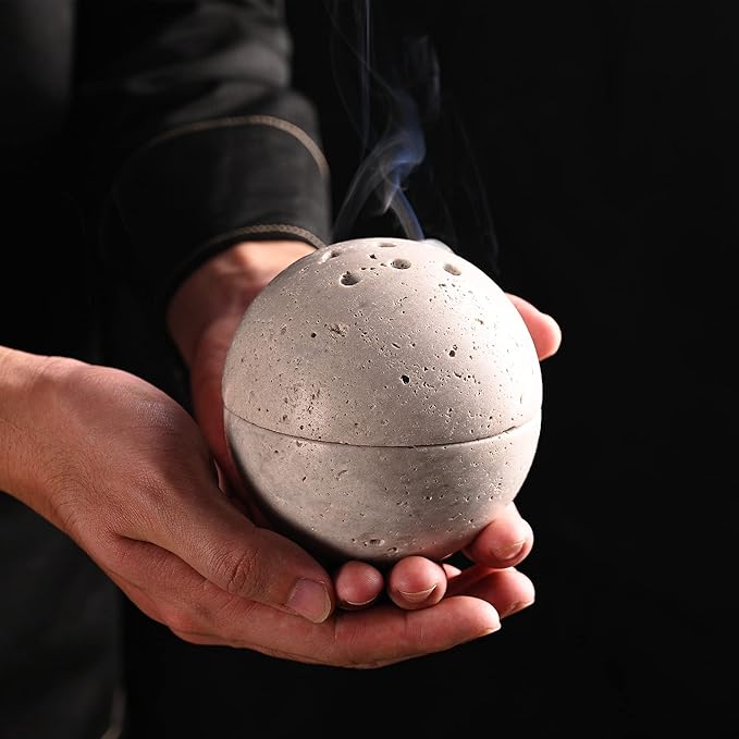 Natural Travertine Round Incense Cone Holder, Minimalist Sphere Incense Burner for Cones, Home Decorations 3.94in (Gray)