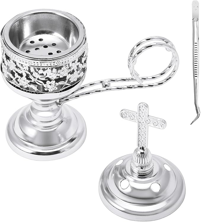 Yawlsow Incense Burner, Frankincense Charcoal Incense Stand, Bakhoor Incense Burner Holder, Ideal for Aromatherapy, Yoga and Spa, Home and Christian Church Censer, (Silver)