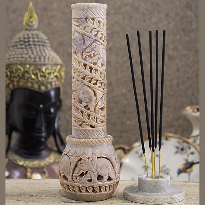 Carry Me Hand Carved Soapstone Incense Stick Holder | Candle Burner | Tea Light Stand. Elephant Jaali Carving Bottle Shape. Decorative Home and Kitchen Decor - (3x3x10.5 Inches)
