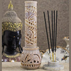 Carry Me Hand Carved Soapstone Incense Stick Holder | Candle Burner | Tea Light Stand. Elephant Jaali Carving Bottle Shape. Decorative Home and Kitchen Decor - (3x3x10.5 Inches)