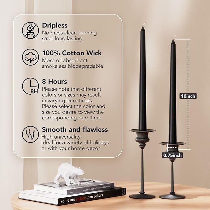 New Burning Formula Unscented Dripless 10-Inch Taper Candles Set of 12 - Black, for Wedding, Dinner - Smokeless, Long Burning - Hand Poured, Colored Tall Candlesticks - Negro