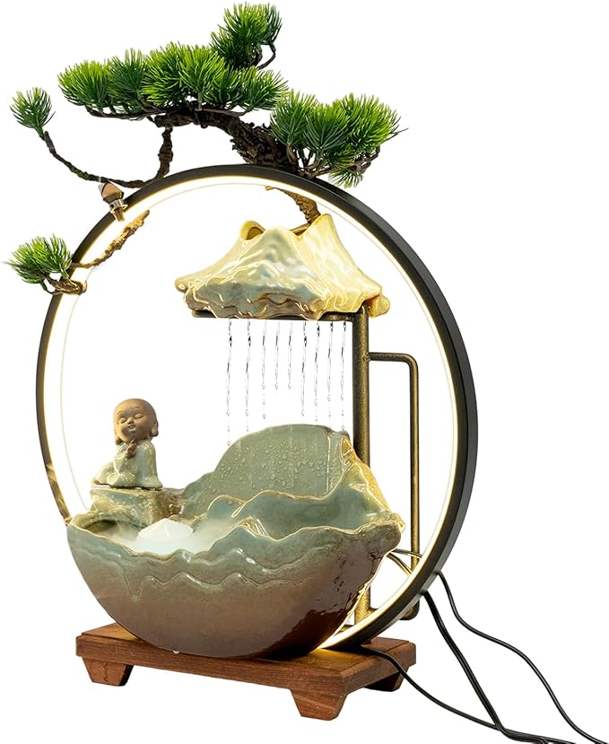 Backflow Incense Holder with Water Fountains and LED Light, Rockery, Meditation Monk and Plants Perfect for Relaxing or Home Decor (Meditation Monk)