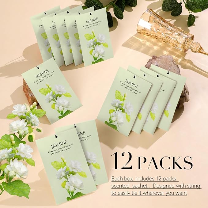 Jasmine Scented Sachet Bags - 12 Pack Closet Freshener Odor Eliminator, Long Lasting Home Fragrance for Drawers, Wardrobes & Cars, House Smell Good Products, Air Freshener for Closet
