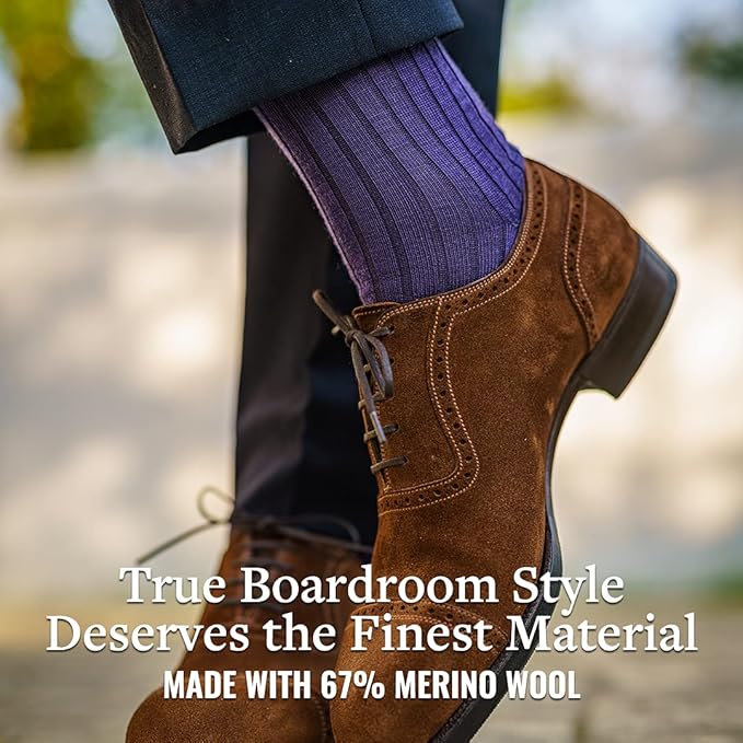 Merino Wool Mid-Calf Dress Socks for Men, Ribbed Dress Socks