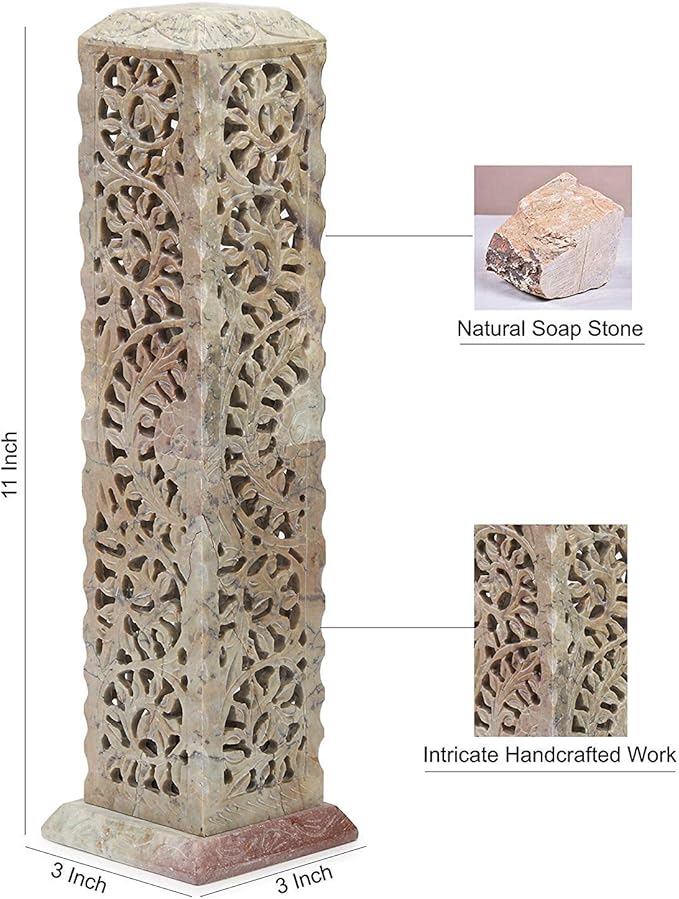 Carry Me Handmade Marble Soapstone Incense Stick Burner | Candle Stick Holder | Tea Light Burner - Perfect Floral Carving for Gifting. Decorative Home and Kitchen Decor (3 x 3 x 11 Inches)