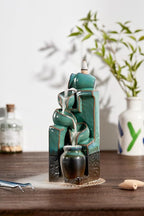 Unique Cascading Basins Ceramic Waterfall Incense Holder, Paired with a Pack of Backflow Incense Cones. (Blue)