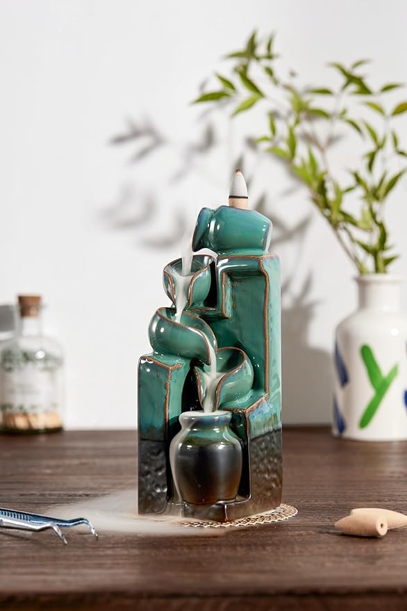 Unique Cascading Basins Ceramic Waterfall Incense Holder, Paired with a Pack of Backflow Incense Cones. (Blue)