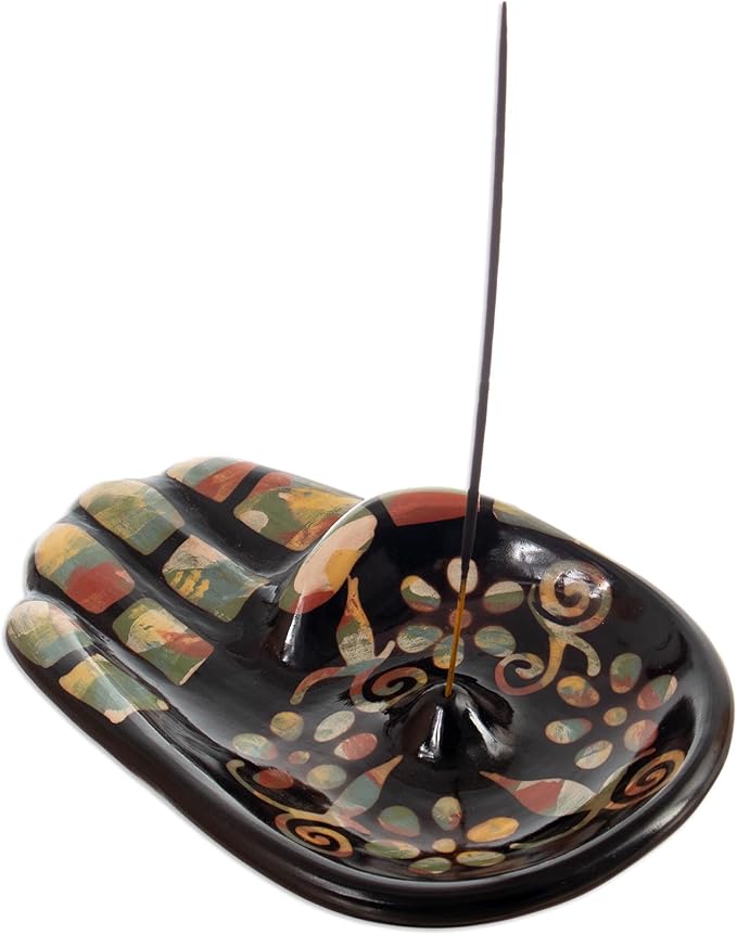NOVICA Artisan Handmade Ceramic Incense Holder Colorful Hamsa Amulet Black Multicolor Peru 'Colorful Hamsa'
