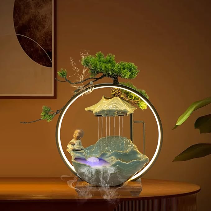 Backflow Incense Holder with Water Fountains and LED Light, Rockery, Monk and Plants Perfect for Relaxing or Home Decor (Monk witn Rockery)