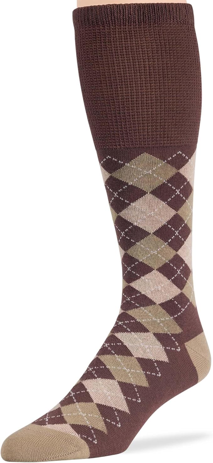 7BigStars Men's Diabetic Extra Wide Cotton Dress Business Mid Calf Socks - 5 Pack Large - Argyle, Stripe, Geometric - Sock Size 10-13 Shoe Size 9-12 L Khaki, Brown