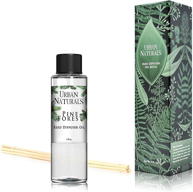 Urban Naturals Reed Diffuser Oil Refill Pine Forest, Fir Needles, Fresh Pine, Holiday Tree Aroma, 4 oz + Free Reed Sticks, Made in The USA