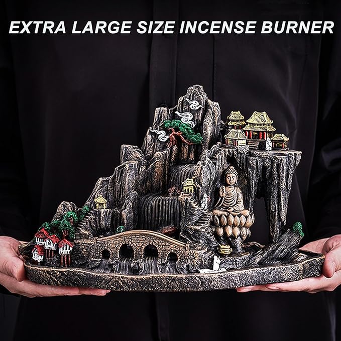 Mountain Waterfall Incense Burner，Backfall Incense Holder River, Incense Falls Meditation Decor for Room with Upgrade Incense Cones and Accessories (Buddha)