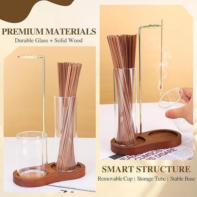 2 in 1 Incense Holder for Sticks with Glass Ash Catcher, Anti-Ash Flying Upside Down Insence Stick Burner, Modern Vertical Inscents-Sticks Holder for Yoga Spa Meditation Home Decor