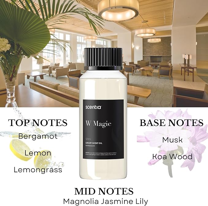 W Magic Hotel Diffuser Oil - 120 mL 4.06 fl oz - Aromatherapy Fragrance Inspired by 5-Star Hotels | Notes of Bergamot, Lemongrass, Jasmine
