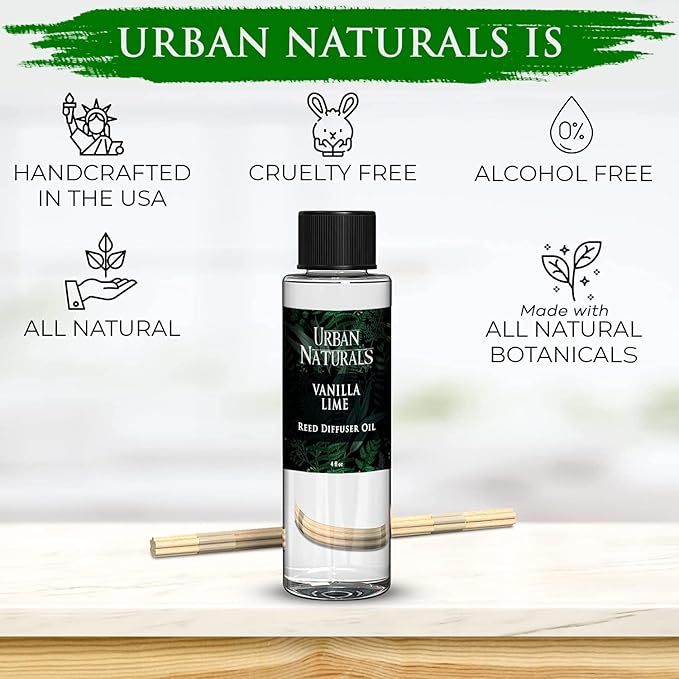 Urban Naturals Reed Diffuser Oil Refill, Vanilla Lime Citrus Essential Oils with Cane Sugar, Lime, Vanilla, 4 oz + Free Reed Sticks, Made in The USA