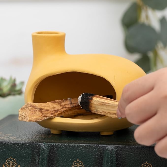 Yellow Palo Santo Holder with Chimney–Mini Fireplace Incense Burner for Sage Burning, Wood Sticks, Cones&Tealights-Handcrafted Ceramic Smudge Bowl,Aromatic Incense Burner-Yoga Meditation Gift