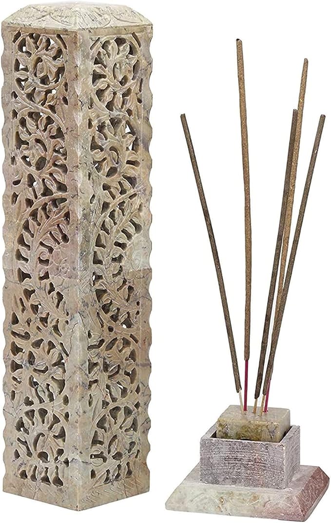 Carry Me Handmade Marble Soapstone Incense Stick Burner | Candle Stick Holder | Tea Light Burner - Perfect Floral Carving for Gifting. Decorative Home and Kitchen Decor (3 x 3 x 11 Inches)
