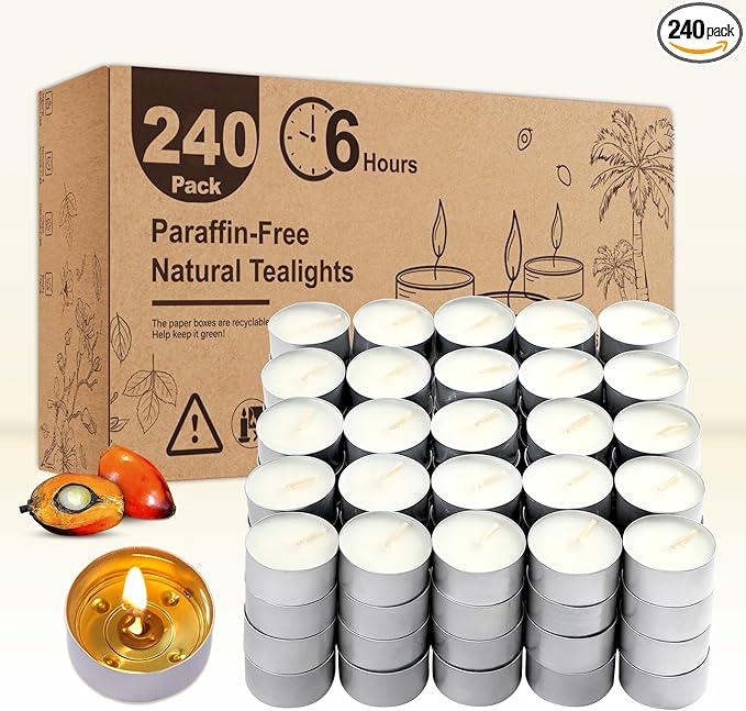 Unscented Tea Lights Candles 240 Pack, 6 Hours Long Burning,White Tea Candles Bulk, Bright Burn with Palm Wax,Smokeless Tealight Candles for Wedding,Centerpiece,Christmas Lights,Home Decorative