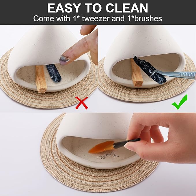 Yawlsow Palo Santo Holder Burner, Charcoal Bakhoor Incense Burner,Smudge Bowl,Sage Holder,Ash Catcher for Meditation Zen Decor (White+Mat)