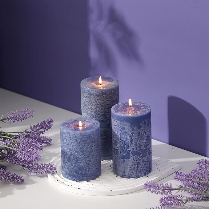 Blue Pillar Candles Set of 3 - Hand-Poured Unscented Candles,Smokeless Dripless Candles for Dinner Table and Home, Set of 3 in Different Sizes (3"x4", 3"x5", 3"x6")