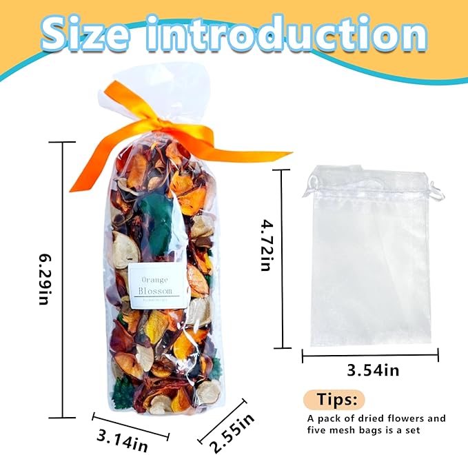 DIY Citrus Blossom Dried Flower Bag Set with Enchanting Escape Fragrance 5 Reusable Bags+Petal. Long-Lasting Closet Sachet Bags Drawer deodorizers Fresh Scents, Home Fragrance for Lover.
