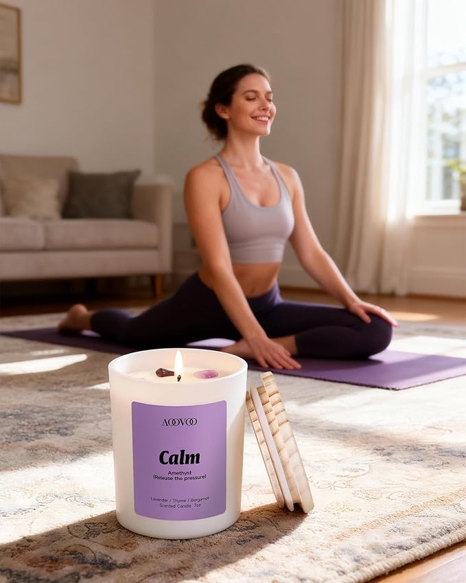 AOOVOO Calm Candles Set for Women - 4 Pack Candles for Home Scented, 28 oz 200 Hour Burn, Aromatherapy Candle with Crystals, Lavender Calm/Jasmine Serenity/Water Lily Pear Harmony/Patchouli Balance